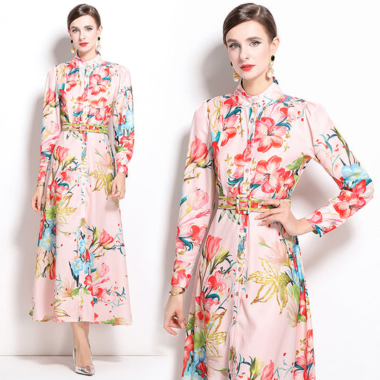 CM-DY022961 Women Retro European Style Square Collar Long Sleeve Floral Print Dress