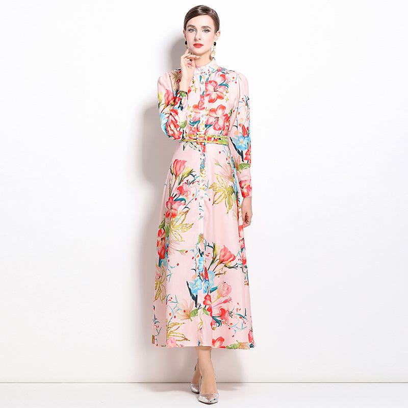 CM-DY022961 Women Retro European Style Square Collar Long Sleeve Floral Print Dress