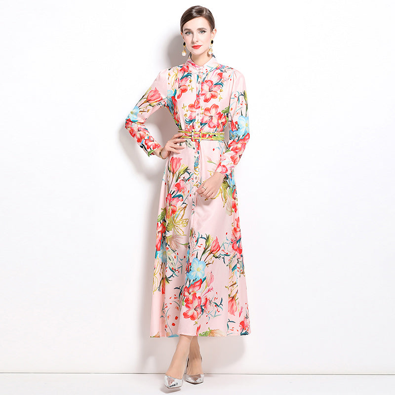 CM-DY022961 Women Retro European Style Square Collar Long Sleeve Floral Print Dress