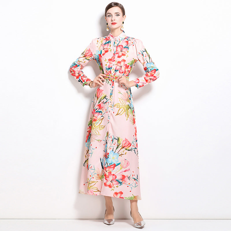 CM-DY022961 Women Retro European Style Square Collar Long Sleeve Floral Print Dress