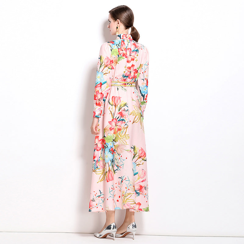 CM-DY022961 Women Retro European Style Square Collar Long Sleeve Floral Print Dress