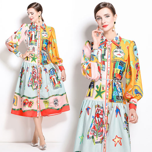 CM-DY022962 Women Casual European Style Single-Breasted Square Collar Long Sleeve Dress