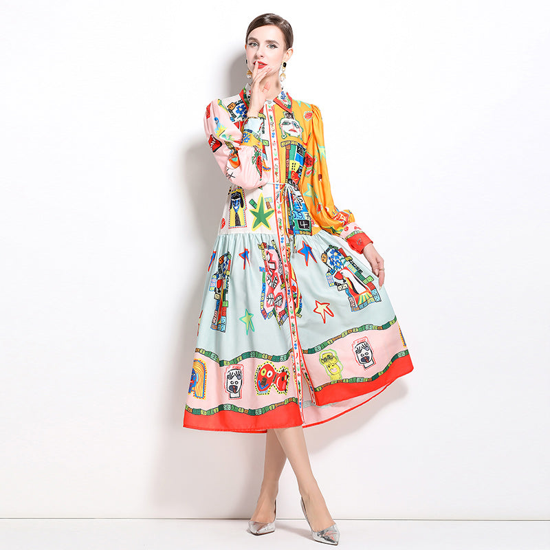 CM-DY022962 Women Casual European Style Single-Breasted Square Collar Long Sleeve Dress