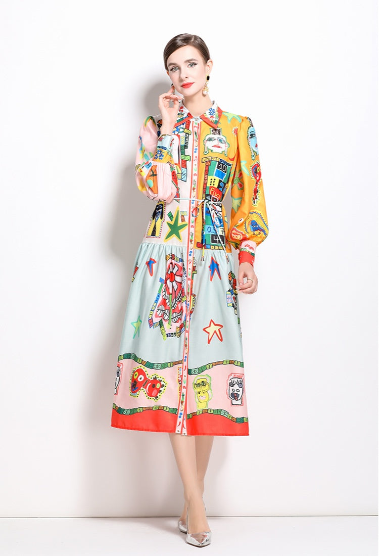 CM-DY022962 Women Casual European Style Single-Breasted Square Collar Long Sleeve Dress