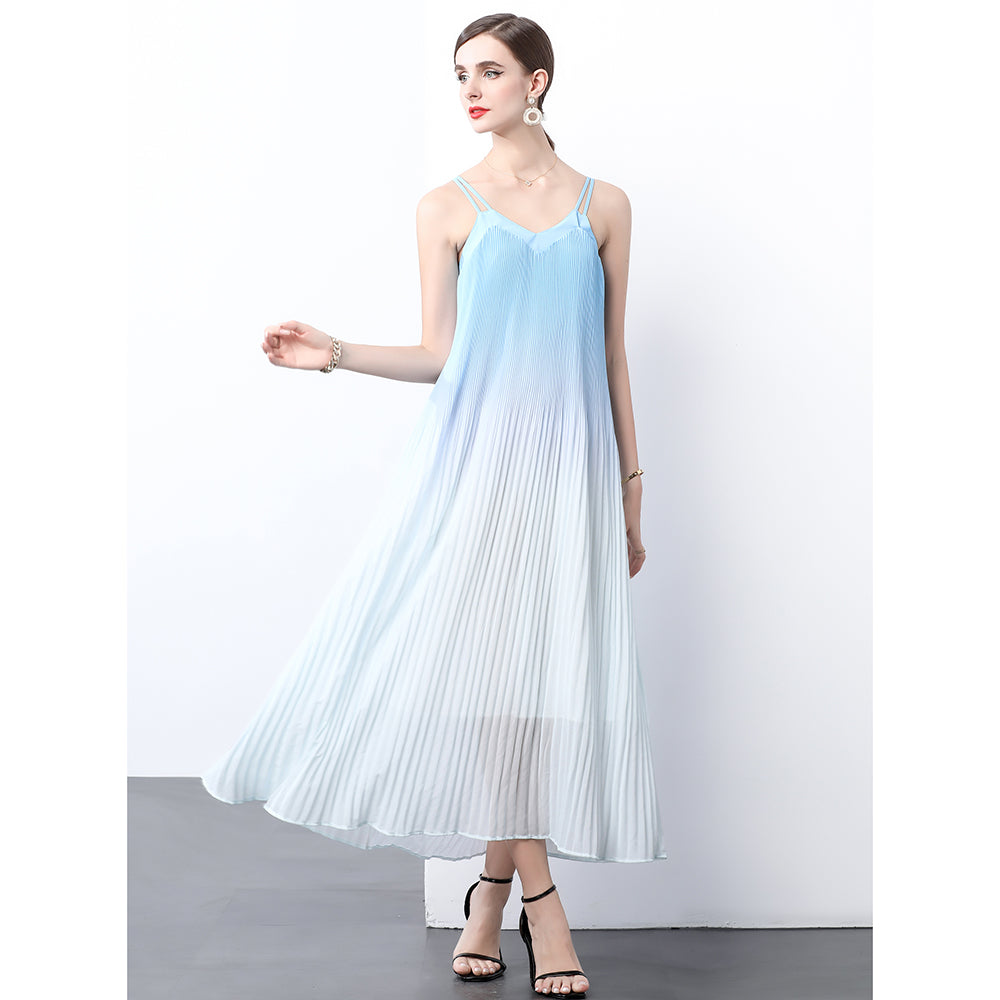 CM-DY022974 Women Trendy Bohemian Style Sleeveless Loose Waist Pleats Long Dress