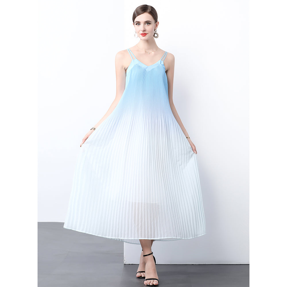 CM-DY022974 Women Trendy Bohemian Style Sleeveless Loose Waist Pleats Long Dress