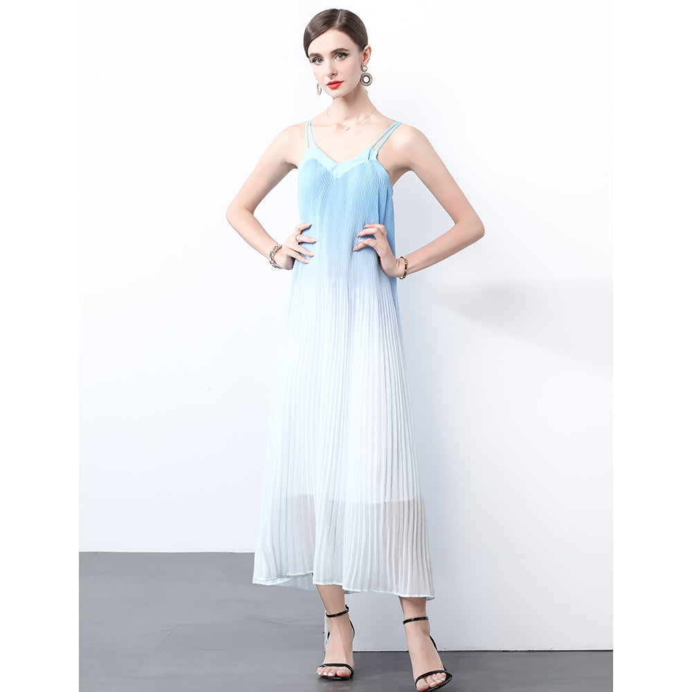 CM-DY022974 Women Trendy Bohemian Style Sleeveless Loose Waist Pleats Long Dress