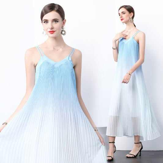 CM-DY022974 Women Trendy Bohemian Style Sleeveless Loose Waist Pleats Long Dress