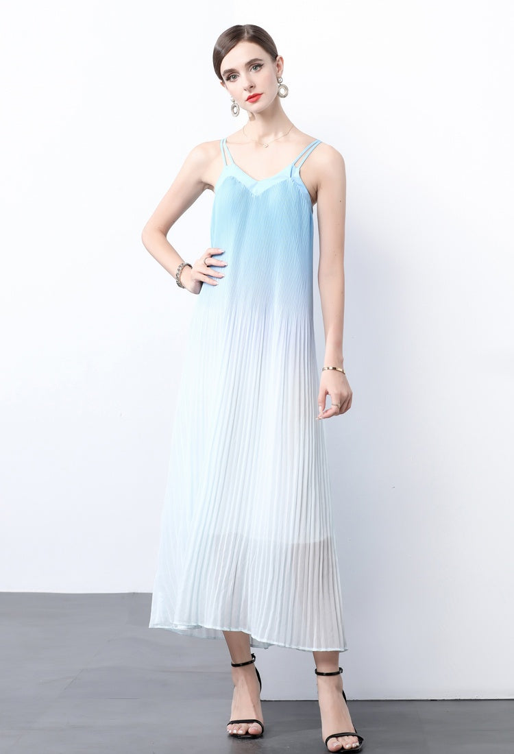 CM-DY022974 Women Trendy Bohemian Style Sleeveless Loose Waist Pleats Long Dress