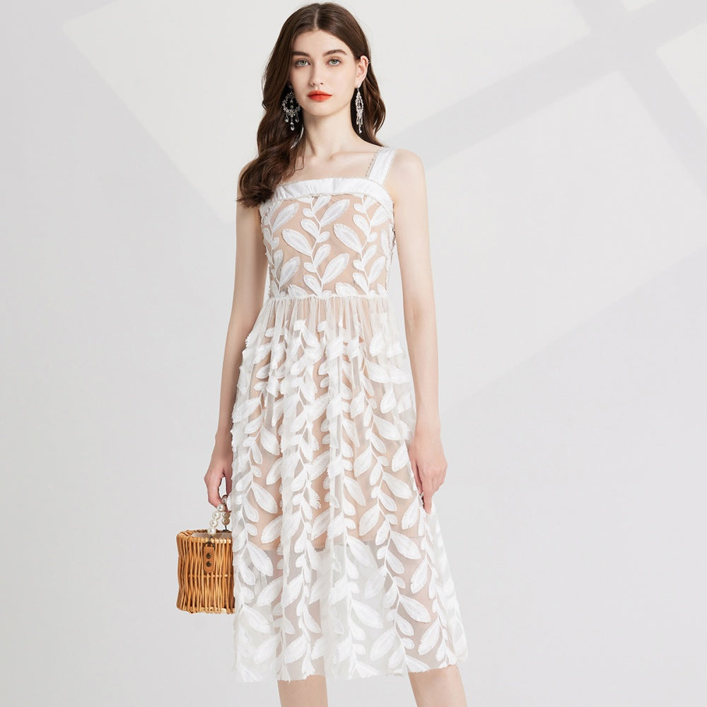 CM-DY022975 Women Elegant European Style Gauze Slim Embroidery Sleeveless Dress - White