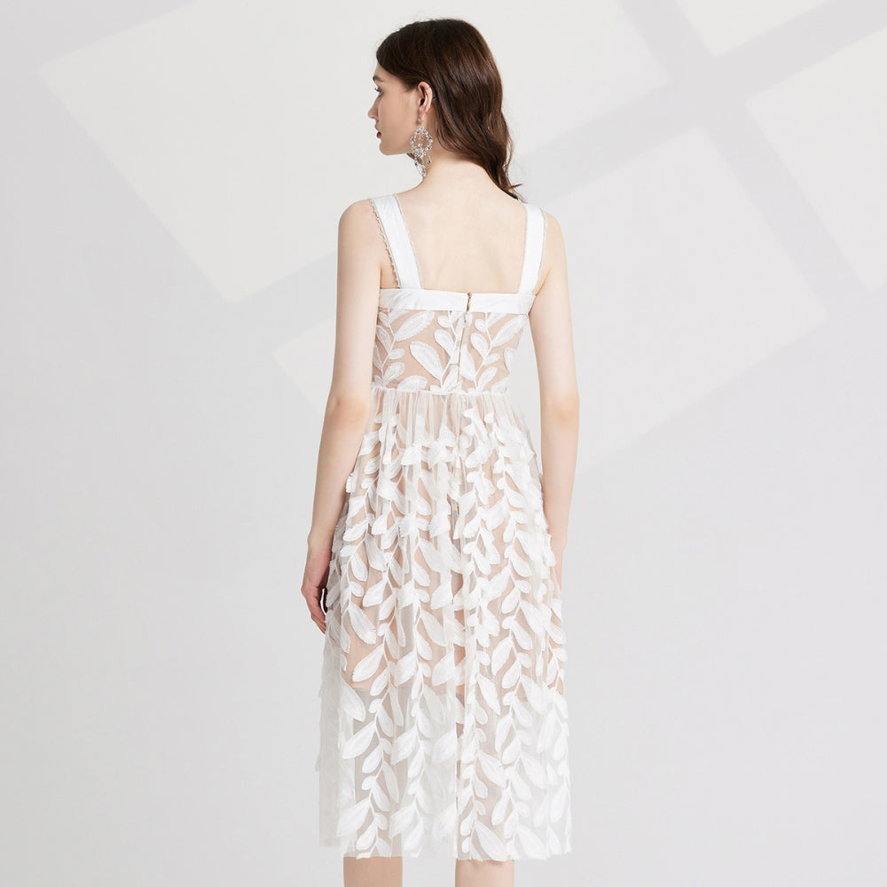 CM-DY022975 Women Elegant European Style Gauze Slim Embroidery Sleeveless Dress - White