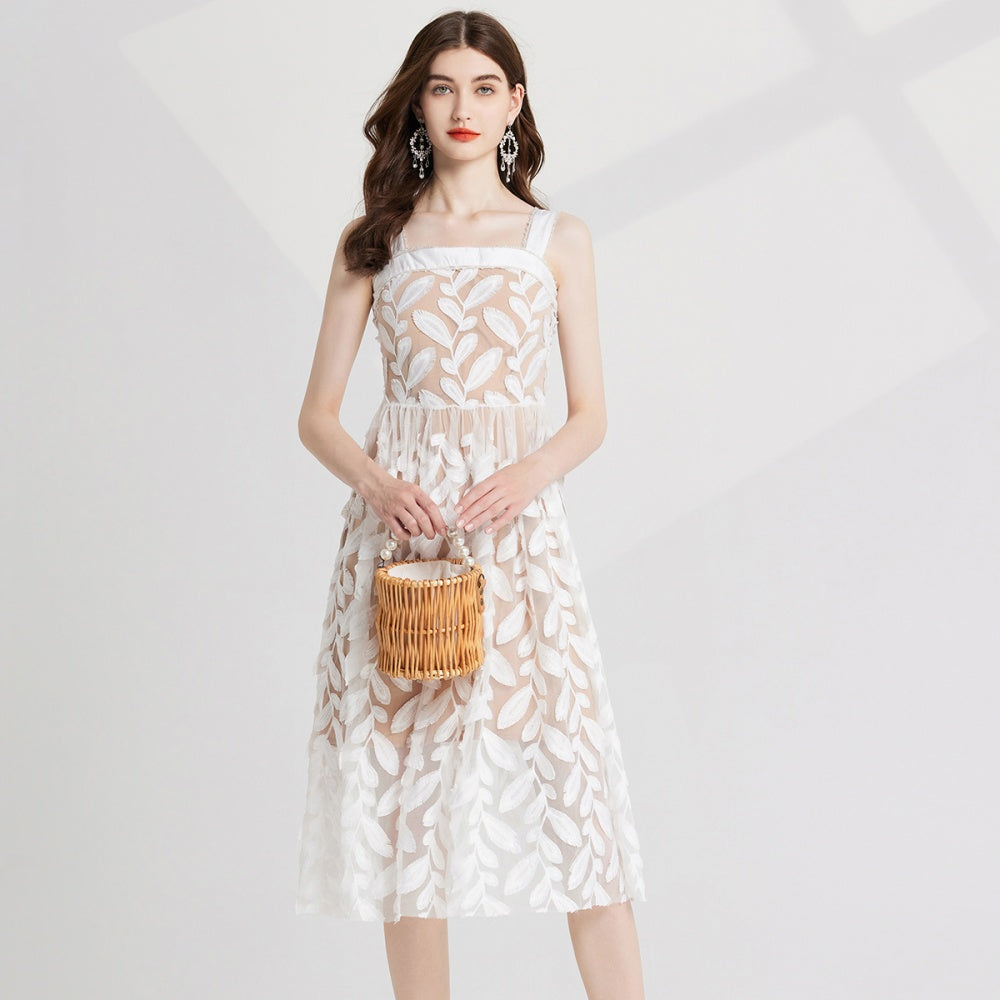 CM-DY022975 Women Elegant European Style Gauze Slim Embroidery Sleeveless Dress - White