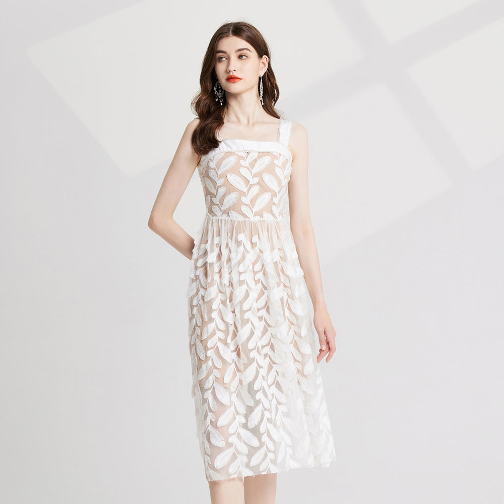 CM-DY022975 Women Elegant European Style Gauze Slim Embroidery Sleeveless Dress - White