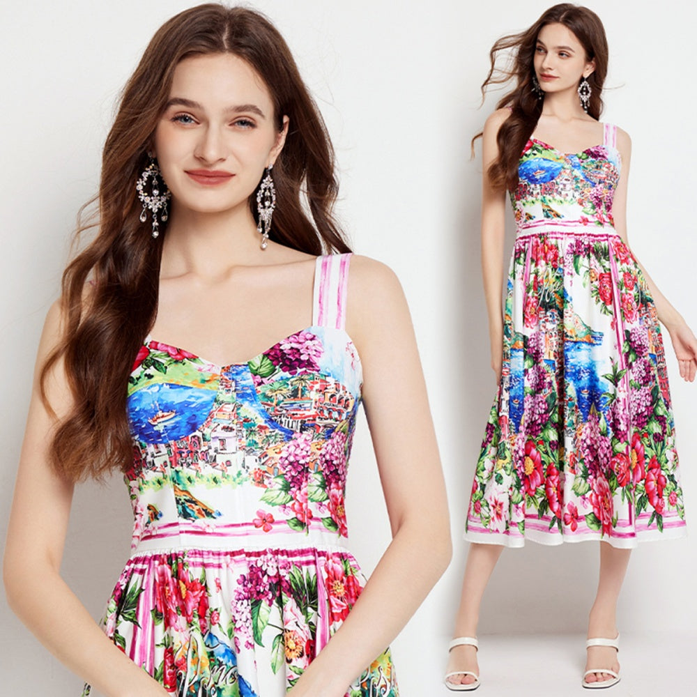 CM-DY022978 Women Elegant European Style Floral Print Sleeveless High Waist A-Line Dress