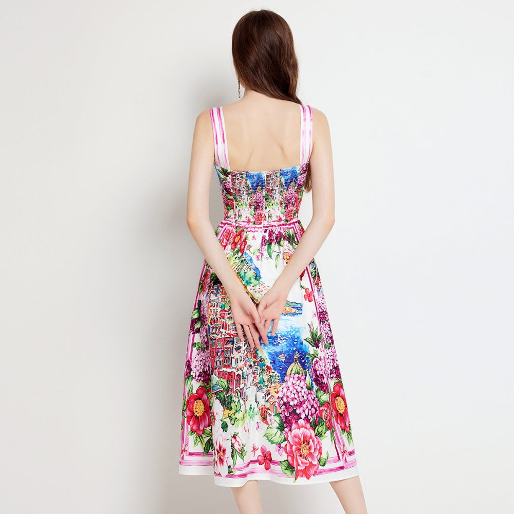 CM-DY022978 Women Elegant European Style Floral Print Sleeveless High Waist A-Line Dress