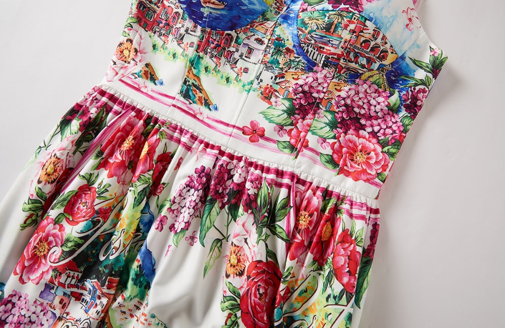 CM-DY022978 Women Elegant European Style Floral Print Sleeveless High Waist A-Line Dress
