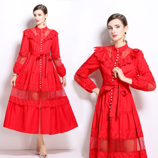 CM-DY022980 Women Elegant European Style Stand Collar Single Breasted Long Dress - Red