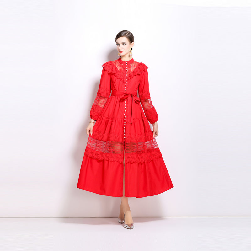 CM-DY022980 Women Elegant European Style Stand Collar Single Breasted Long Dress - Red