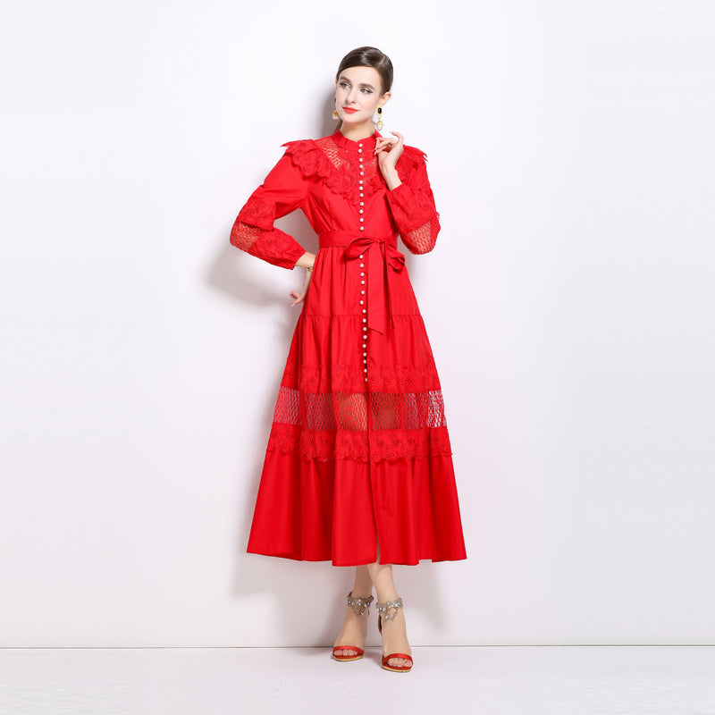CM-DY022980 Women Elegant European Style Stand Collar Single Breasted Long Dress - Red
