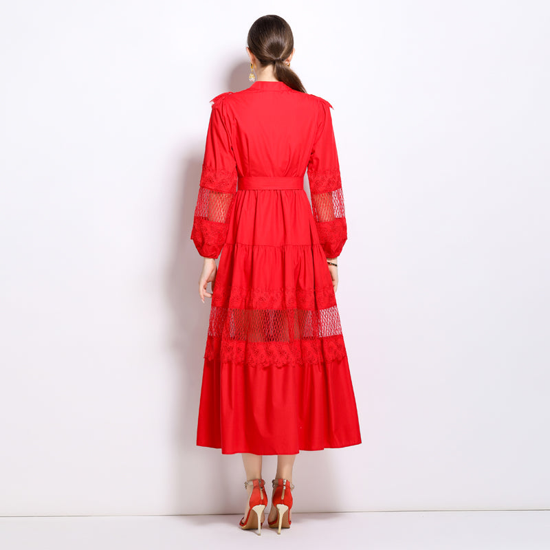 CM-DY022980 Women Elegant European Style Stand Collar Single Breasted Long Dress - Red