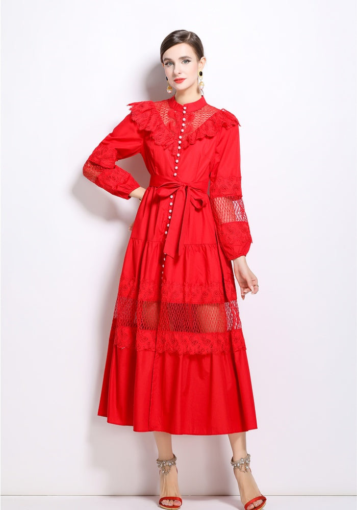 CM-DY022980 Women Elegant European Style Stand Collar Single Breasted Long Dress - Red