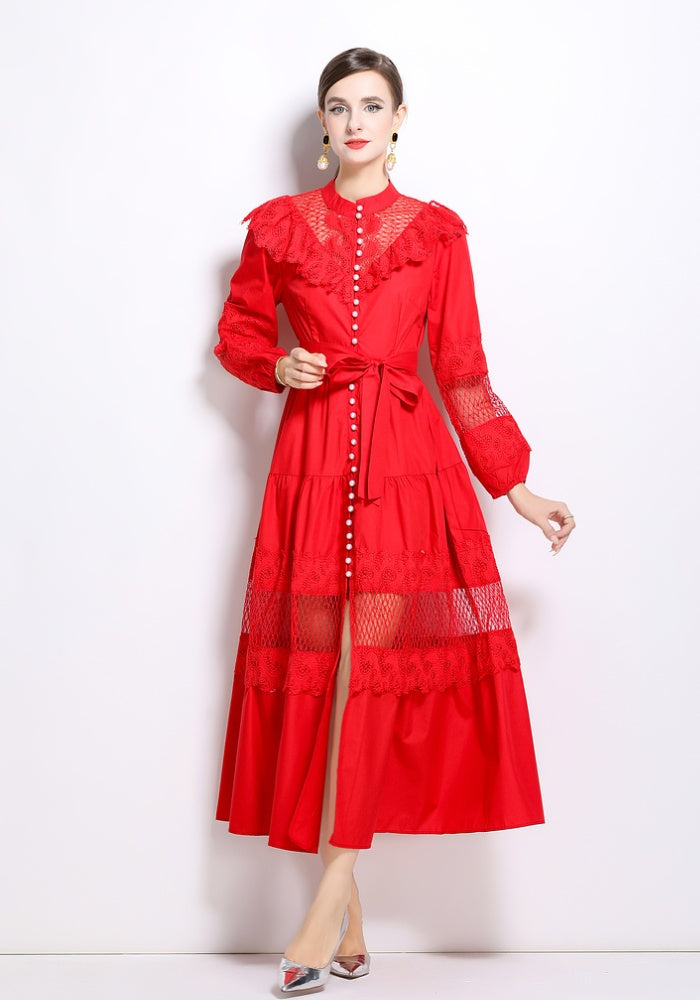 CM-DY022980 Women Elegant European Style Stand Collar Single Breasted Long Dress - Red
