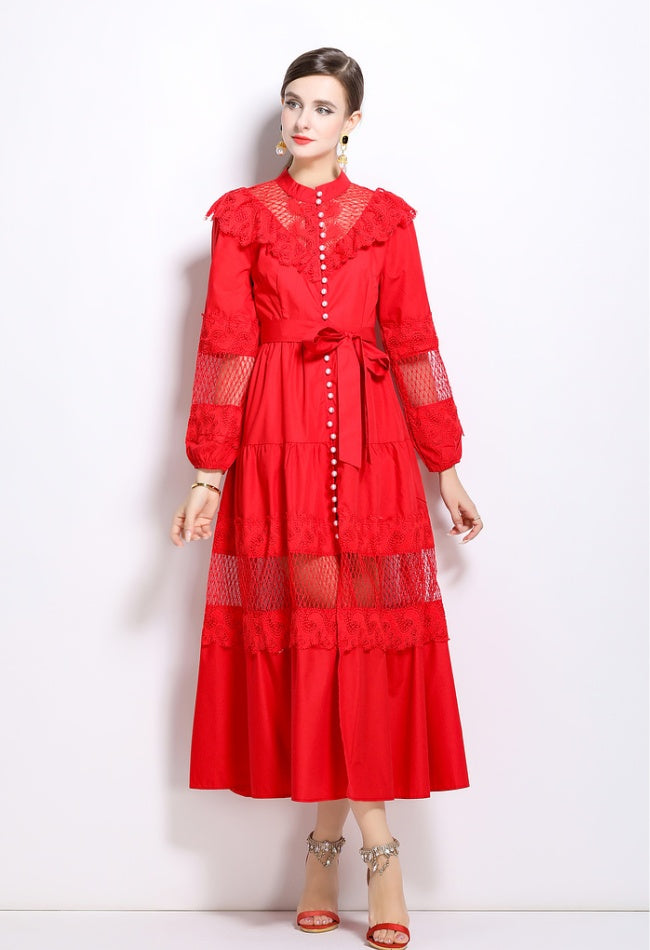CM-DY022980 Women Elegant European Style Stand Collar Single Breasted Long Dress - Red