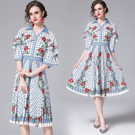 CM-DY023218 Women Elegant European Style Floral Prints V-Neck 3/4 Sleeve High Waist Dress