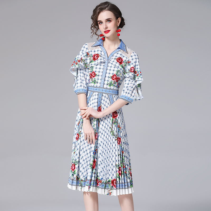 CM-DY023218 Women Elegant European Style Floral Prints V-Neck 3/4 Sleeve High Waist Dress