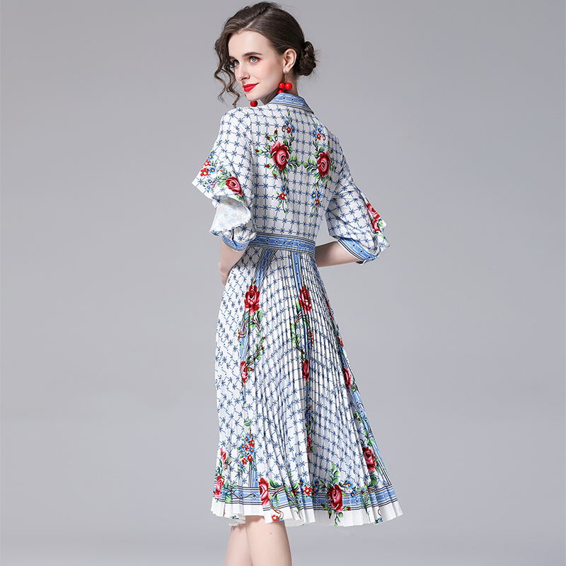 CM-DY023218 Women Elegant European Style Floral Prints V-Neck 3/4 Sleeve High Waist Dress