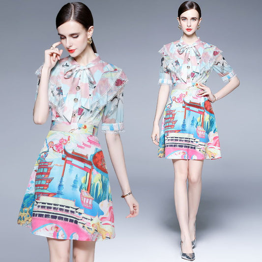 CM-DY023219 Women Elegant European Style Bow Collar Neckline Half Sleeve Mini Dress