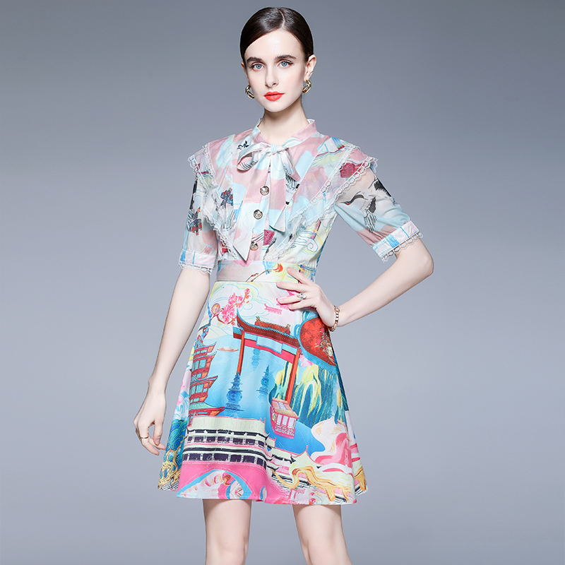 CM-DY023219 Women Elegant European Style Bow Collar Neckline Half Sleeve Mini Dress