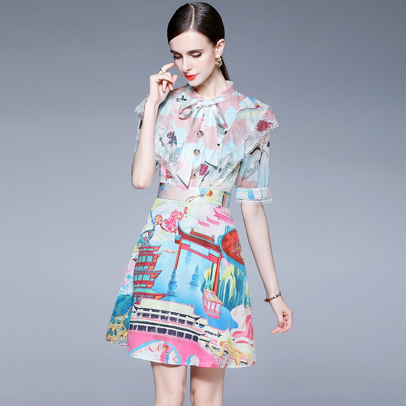 CM-DY023219 Women Elegant European Style Bow Collar Neckline Half Sleeve Mini Dress