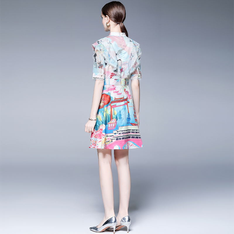 CM-DY023219 Women Elegant European Style Bow Collar Neckline Half Sleeve Mini Dress