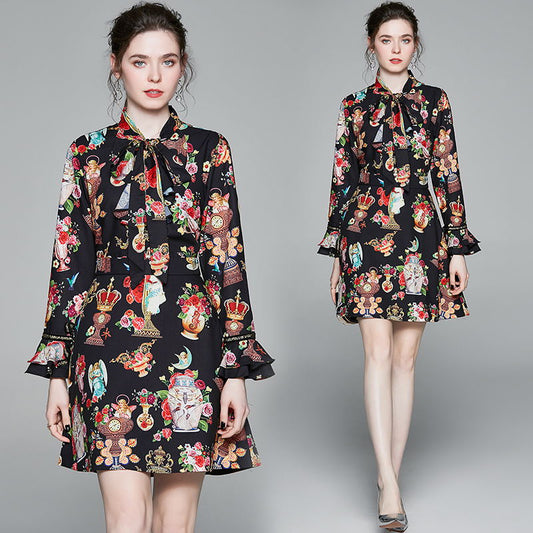 CM-DY023220 Women Elegant European Style Bow Trumpet Sleeve Pinched Waist Mini Dress