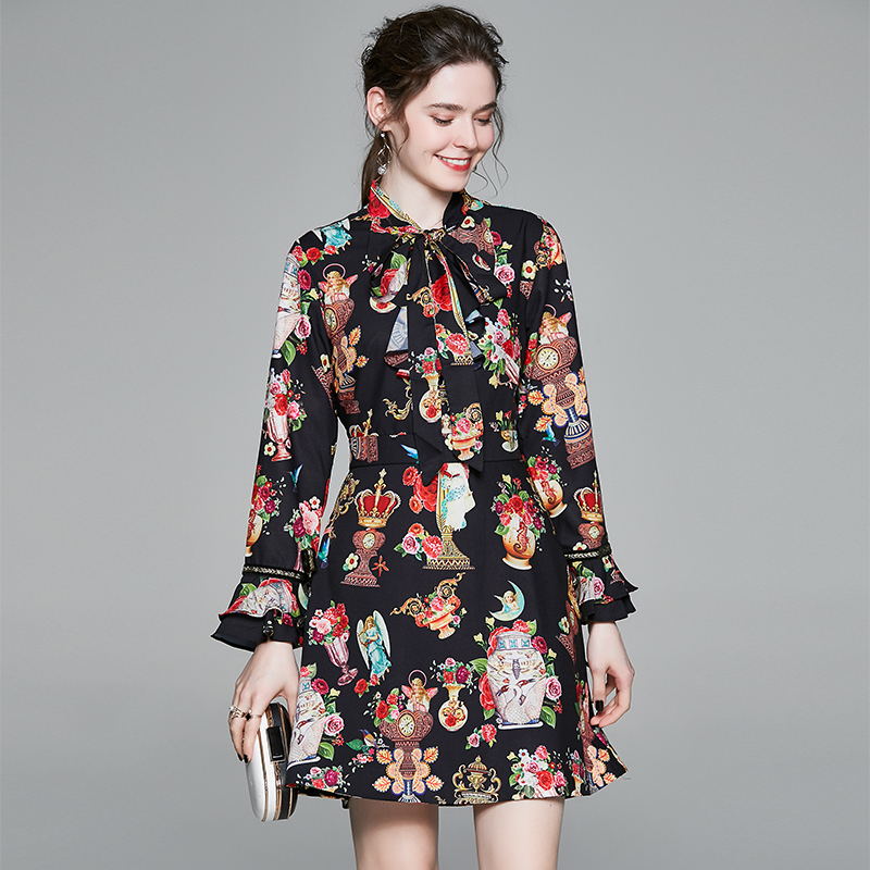 CM-DY023220 Women Elegant European Style Bow Trumpet Sleeve Pinched Waist Mini Dress