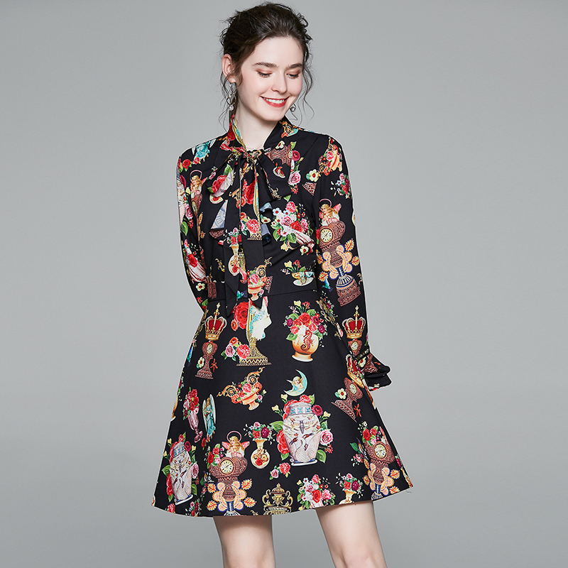 CM-DY023220 Women Elegant European Style Bow Trumpet Sleeve Pinched Waist Mini Dress