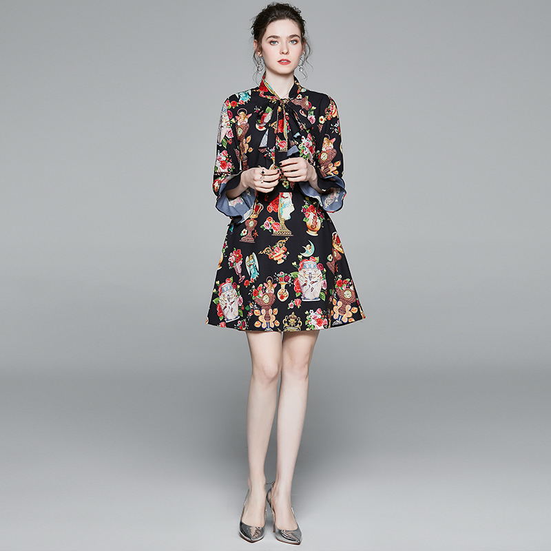 CM-DY023220 Women Elegant European Style Bow Trumpet Sleeve Pinched Waist Mini Dress