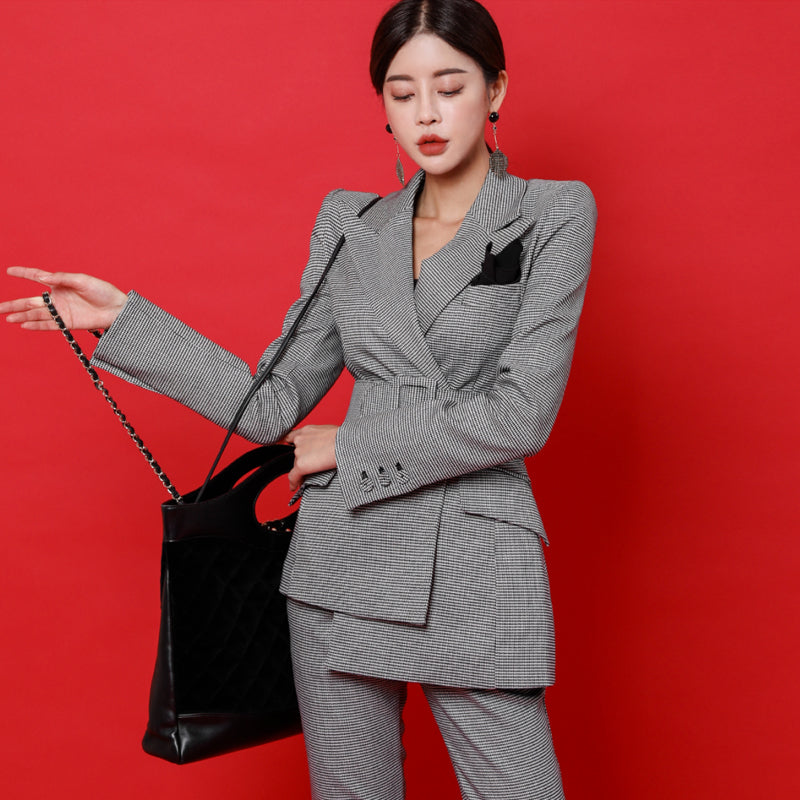 CM-SY023994 Women Elegant European Style Double Breasted Long Sleeve Blazer With Long Pants - Set