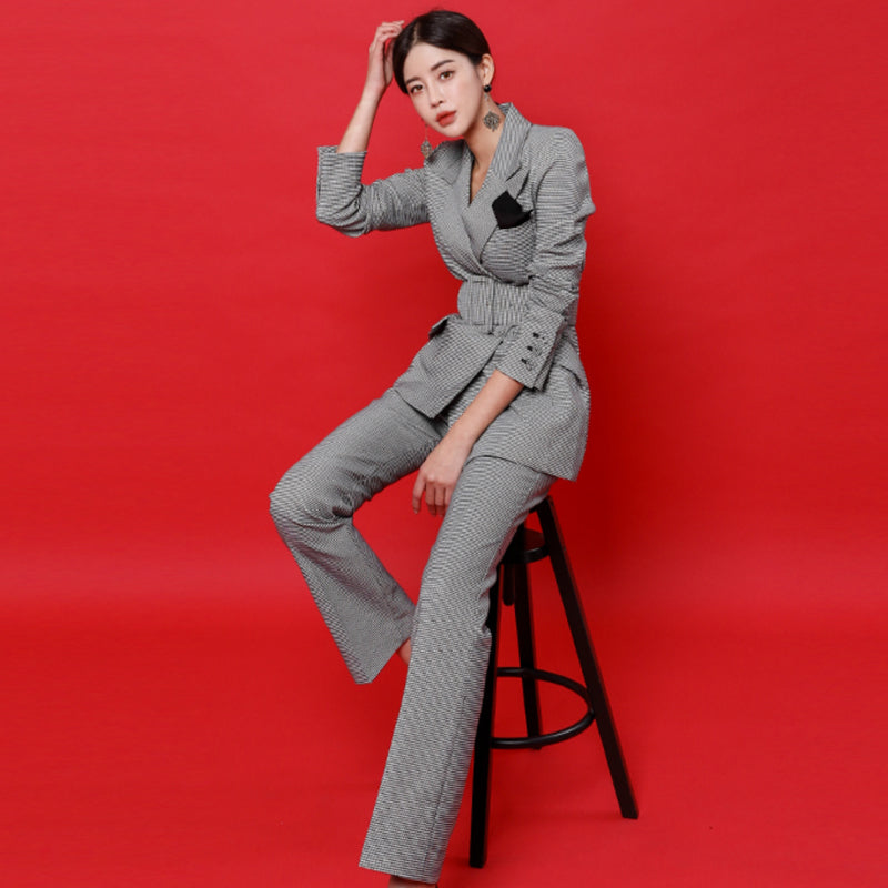 CM-SY023994 Women Elegant European Style Double Breasted Long Sleeve Blazer With Long Pants - Set