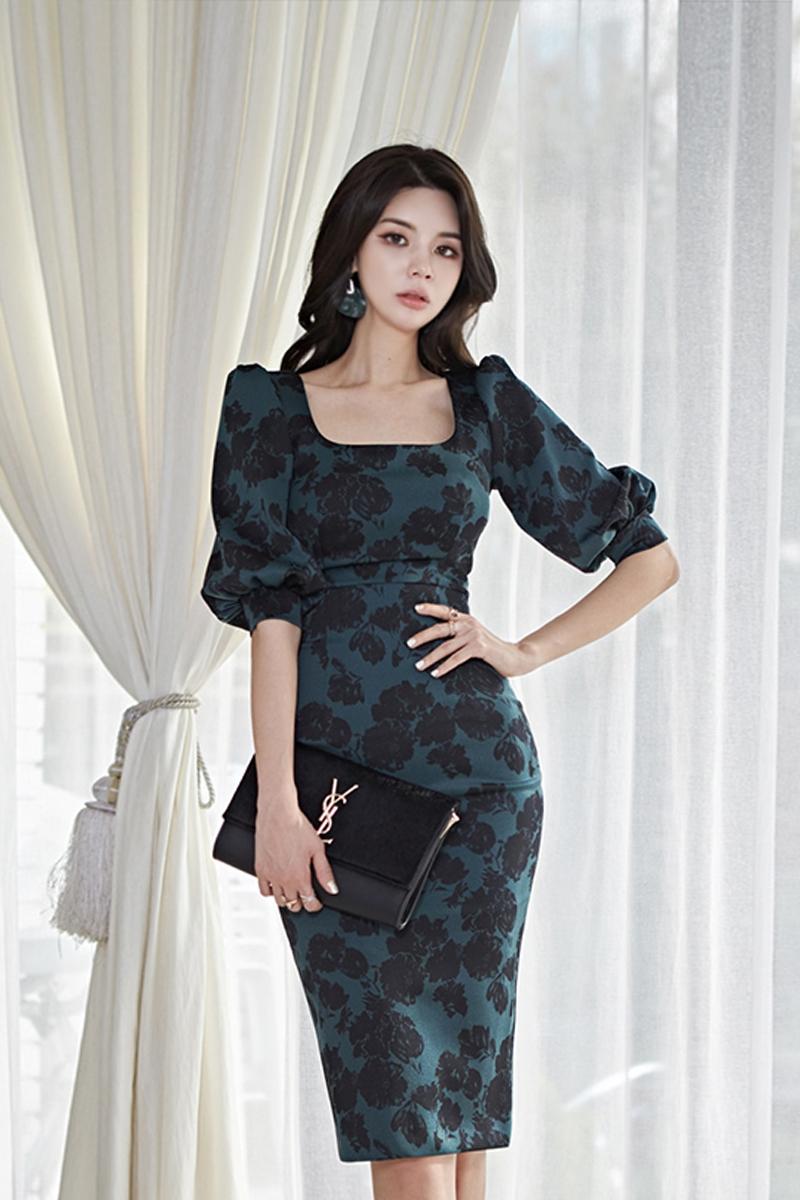 CM-DY023996 Women Casual Seoul Style Square Collar Puff Sleeve Pinched Waist Midi Dress