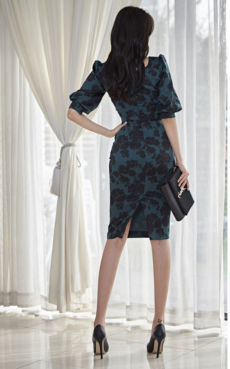 CM-DY023996 Women Casual Seoul Style Square Collar Puff Sleeve Pinched Waist Midi Dress