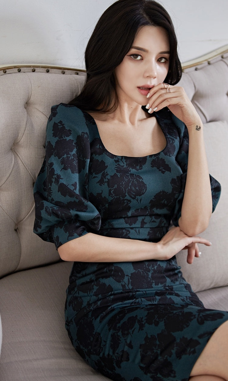 CM-DY023996 Women Casual Seoul Style Square Collar Puff Sleeve Pinched Waist Midi Dress