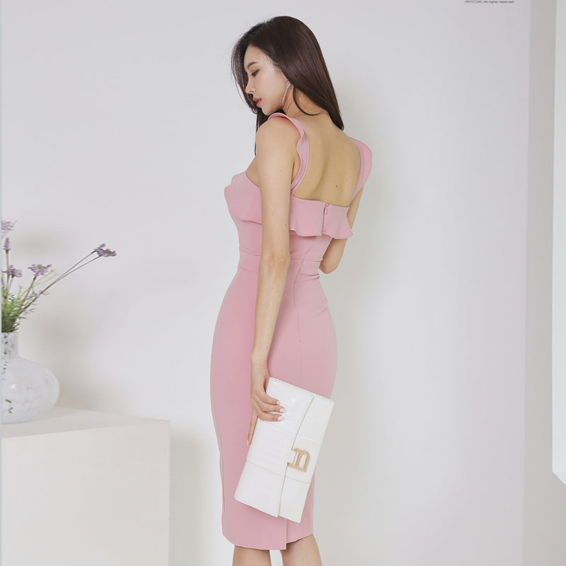 CM-DY024013 Women Elegant Seoul Style Wavy Edge V-Neck Slim High Waist Dress - Pink