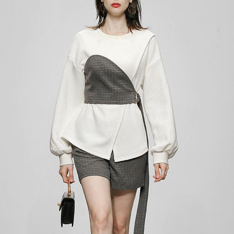 CM-SY024015 Women Casual Seoul Style Round Neck Long Sleeve With Shorts - Set