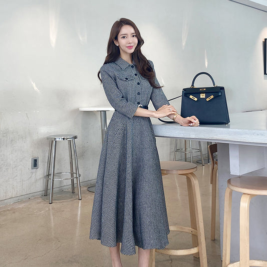 CM-DY024016 Women Elegant Seoul Style Single Breasted 3/4 Sleeve Pinched Waist Dress - Gray