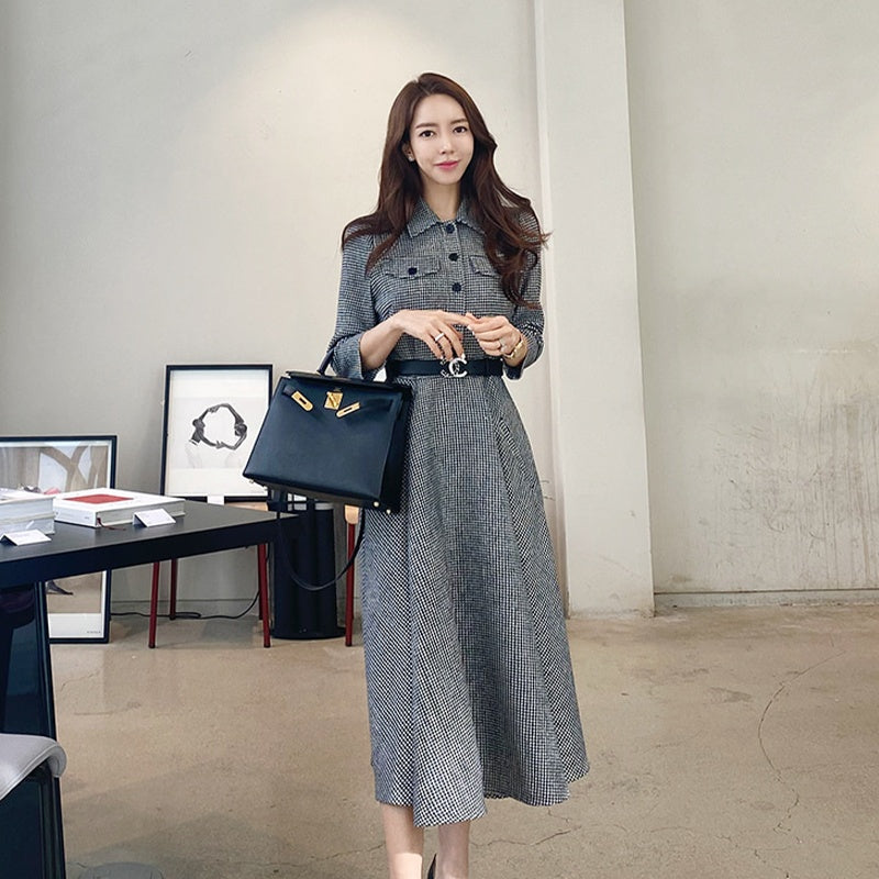 CM-DY024016 Women Elegant Seoul Style Single Breasted 3/4 Sleeve Pinched Waist Dress - Gray