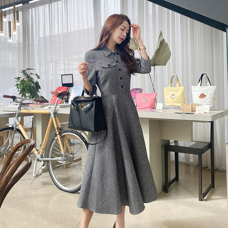 CM-DY024016 Women Elegant Seoul Style Single Breasted 3/4 Sleeve Pinched Waist Dress - Gray