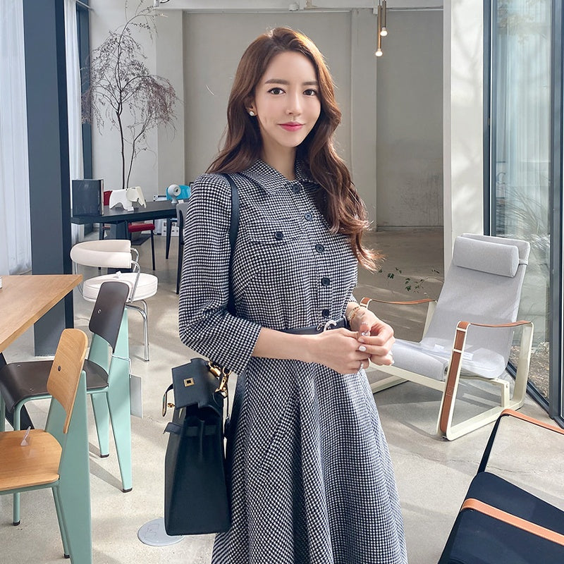 CM-DY024016 Women Elegant Seoul Style Single Breasted 3/4 Sleeve Pinched Waist Dress - Gray