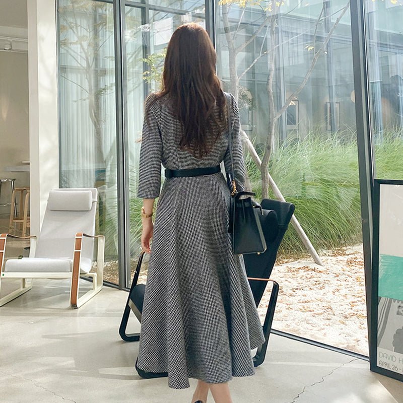 CM-DY024016 Women Elegant Seoul Style Single Breasted 3/4 Sleeve Pinched Waist Dress - Gray